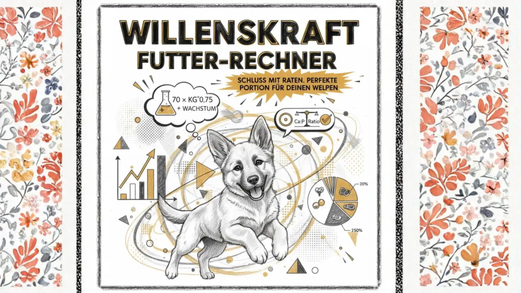 Titelbild des Willenskraft Futter-Rechners: Skizze eines glücklichen Welpen, umgeben von Symbolen für wissenschaftliche Welpen Ernährung, wie der Bedarfsformel (Wachstum) und dem geprüften Kalzium-Phosphor-Verhältnis (Ca:P).