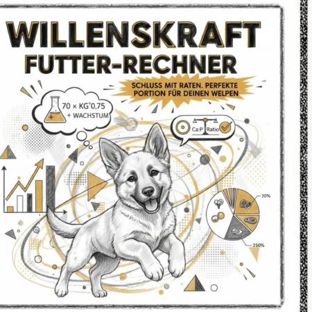 Titelbild des Willenskraft Futter-Rechners: Skizze eines glücklichen Welpen, umgeben von Symbolen für wissenschaftliche Welpen Ernährung, wie der Bedarfsformel (Wachstum) und dem geprüften Kalzium-Phosphor-Verhältnis (Ca:P).