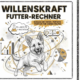 Titelbild des Willenskraft Futter-Rechners: Skizze eines glücklichen Welpen, umgeben von Symbolen für wissenschaftliche Welpen Ernährung, wie der Bedarfsformel (Wachstum) und dem geprüften Kalzium-Phosphor-Verhältnis (Ca:P).