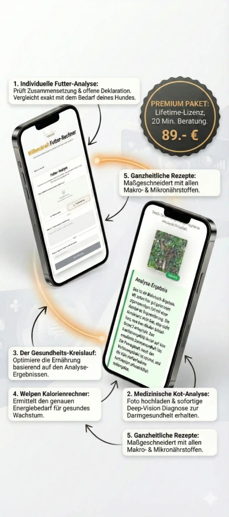 Unser Welpenfutter Rechner kombiniert die Ermittlung des genauen Futterbedarfs deines Welpen mit einem Kot Analysierer und vollwertigen Rezeotvorschlägen.