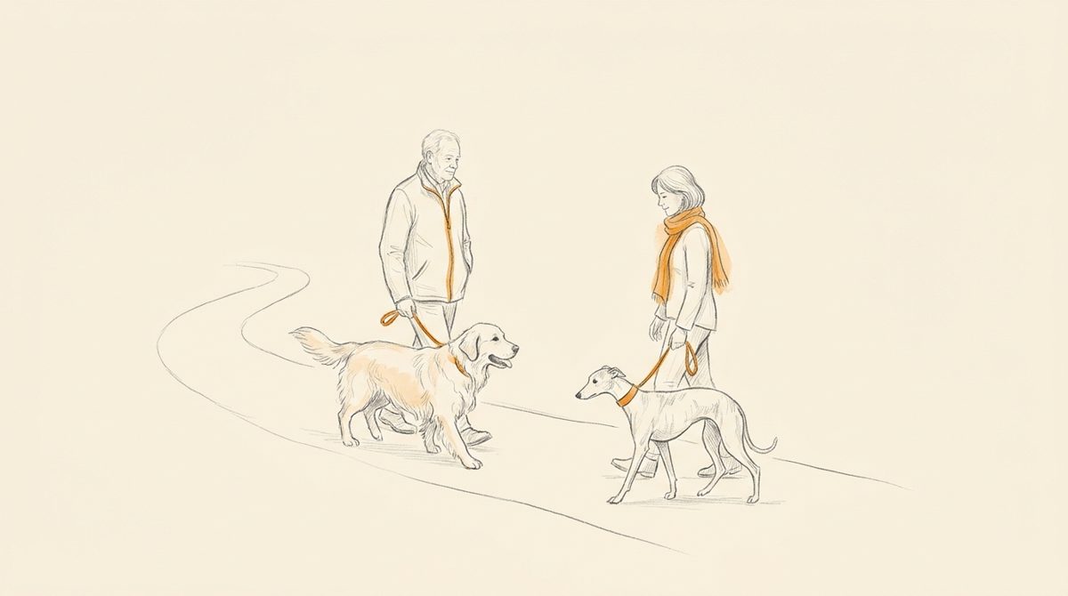 Illustration Begegnungstraining: zwei Mensch-Hund-Teams begegnen sich entspannt – Hundeschule Willenskraft