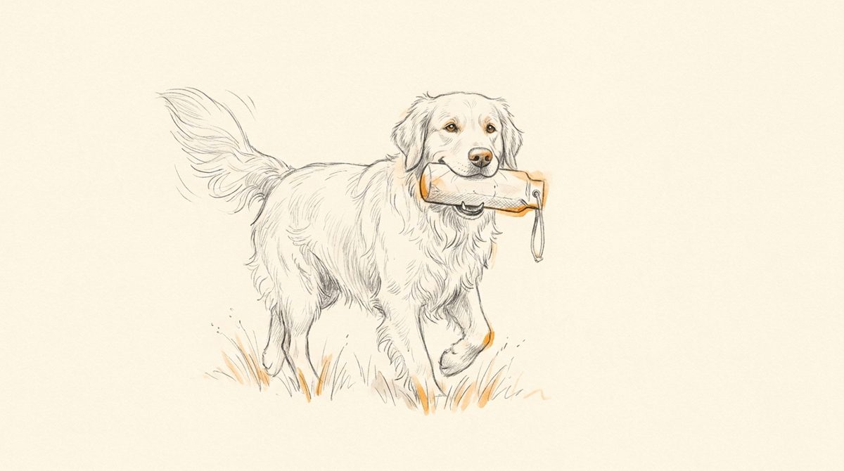 Illustration Dummytraining: Retriever trägt stolz einen Trainingsdummy – Hundeschule Willenskraft