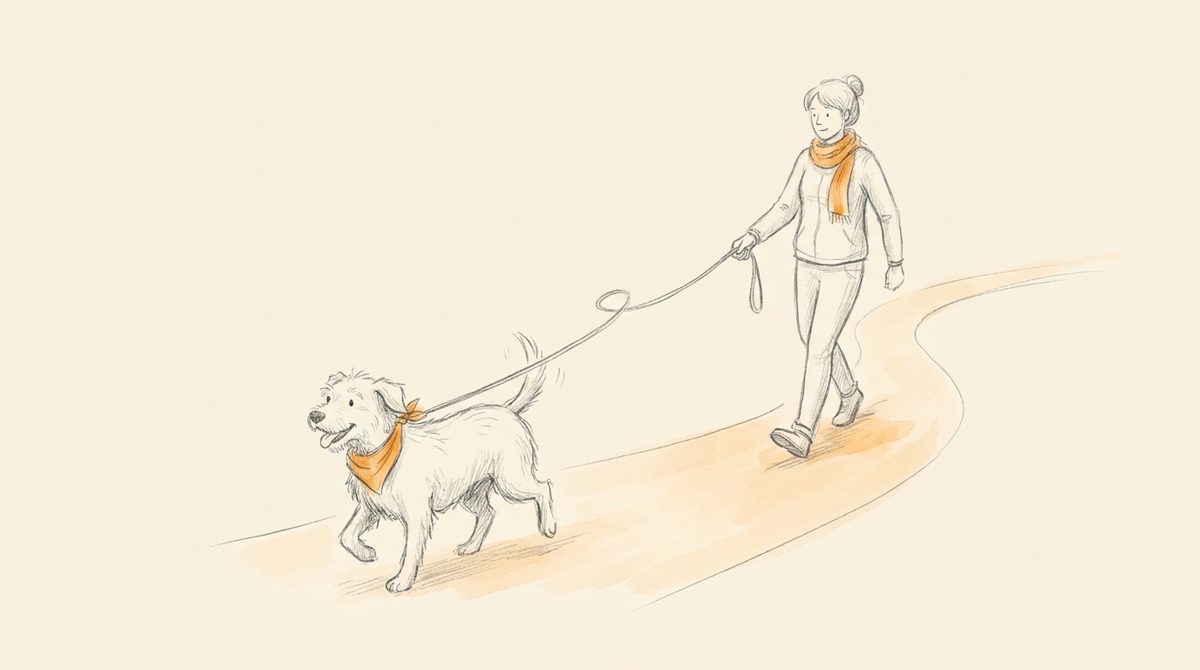 Illustration mobiles Einzeltraining: Hund geht an lockerer Leine neben seiner Trainerin – Hundeschule Willenskraft
