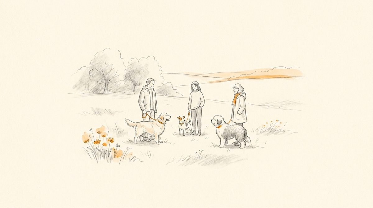 Illustration Gruppenkurse: drei Mensch-Hund-Teams im Kreis auf einer Wiese – Hundeschule Willenskraft