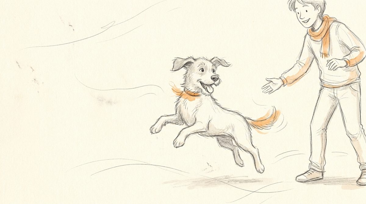 Illustration Junghundekurs: verspielter Junghund im Training mit Handzeichen – Hundeschule Willenskraft