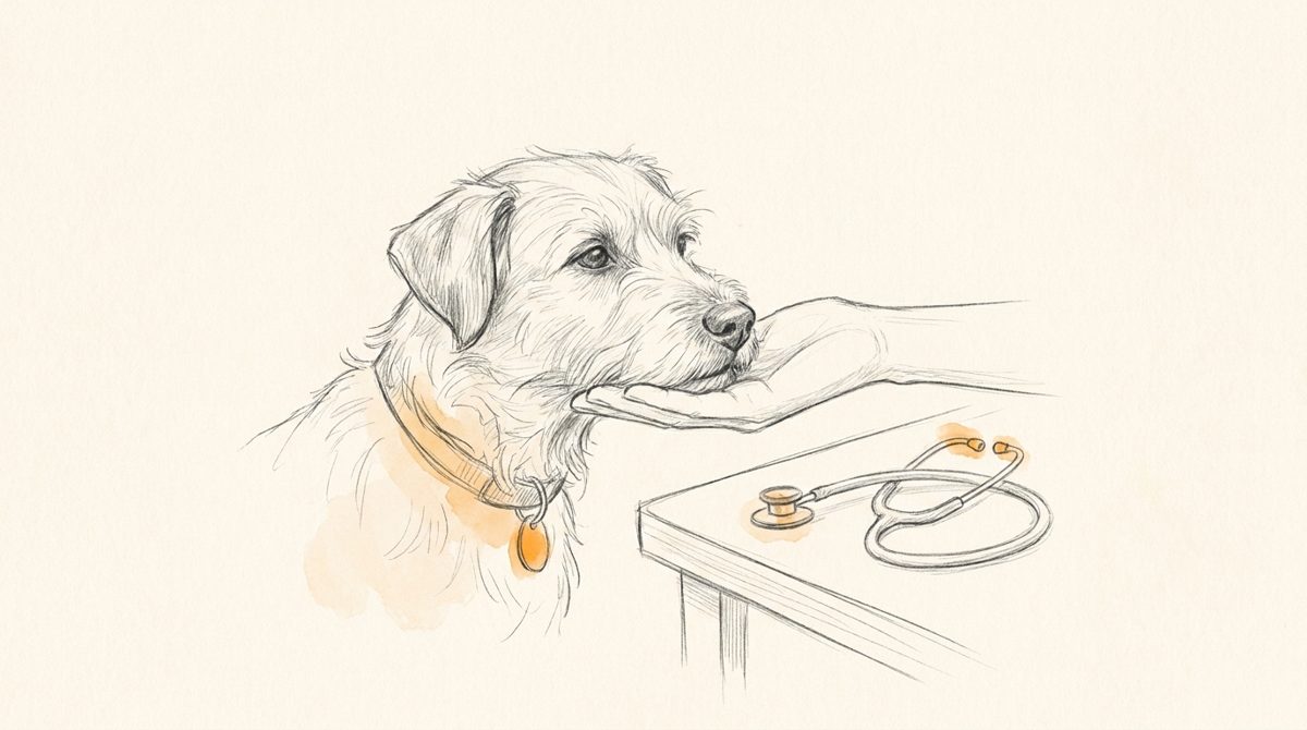 Illustration Medical Training: Hund legt freiwillig das Kinn in eine Hand, Stethoskop daneben – Hundeschule Willenskraft