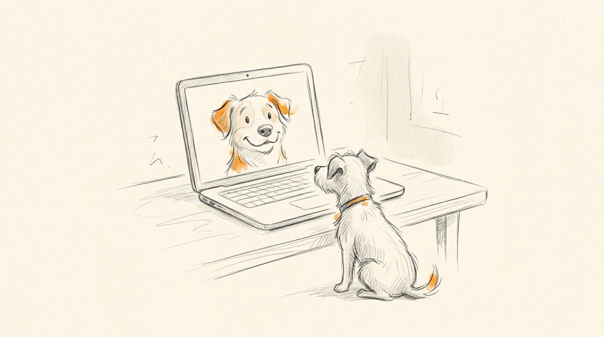Illustration Online-Hundeschule: Hund sitzt vor Laptop mit Hundegesicht am Bildschirm – Willenskraft