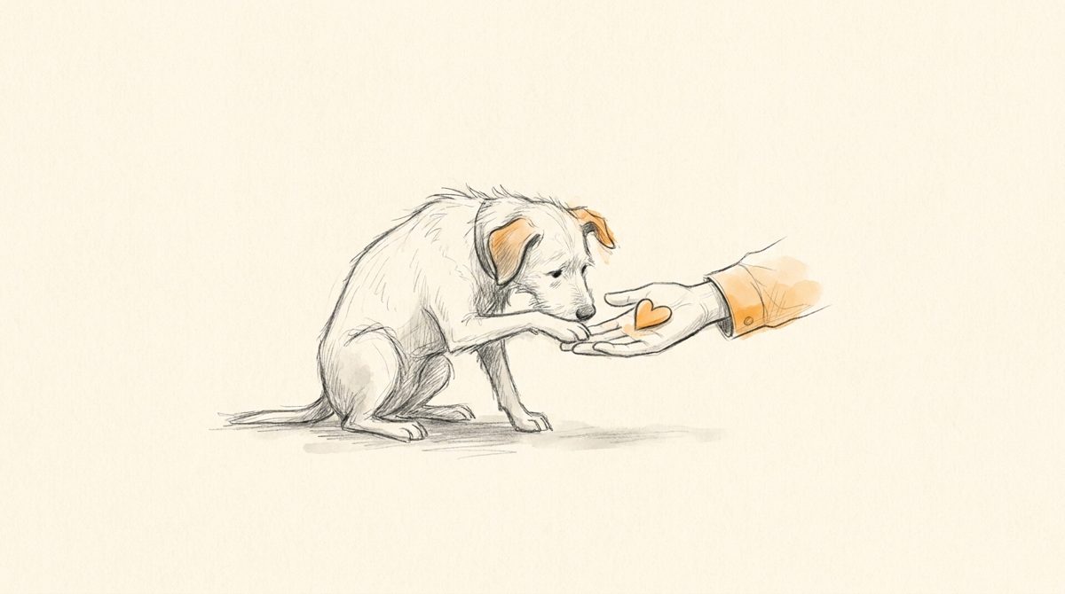 Illustration Tierschutzhunde-Spezial: schüchterner Hund nähert sich vorsichtig einer offenen Hand mit Herz – Willenskraft