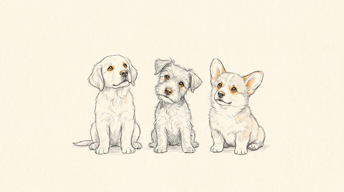 Illustration Welpenschule: drei aufmerksame Welpen sitzen nebeneinander – Hundeschule Willenskraft