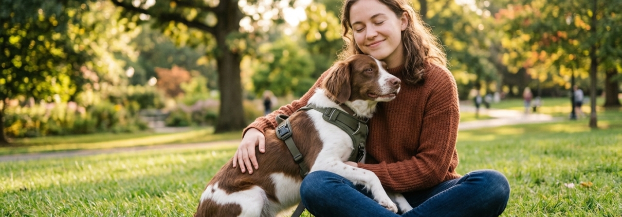 Frau sitzt entspannt mit ihrem Hund im Y-Geschirr im Park