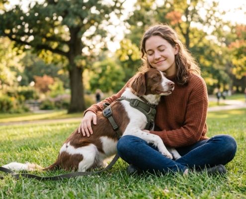 Frau sitzt entspannt mit ihrem Hund im Y-Geschirr im Park