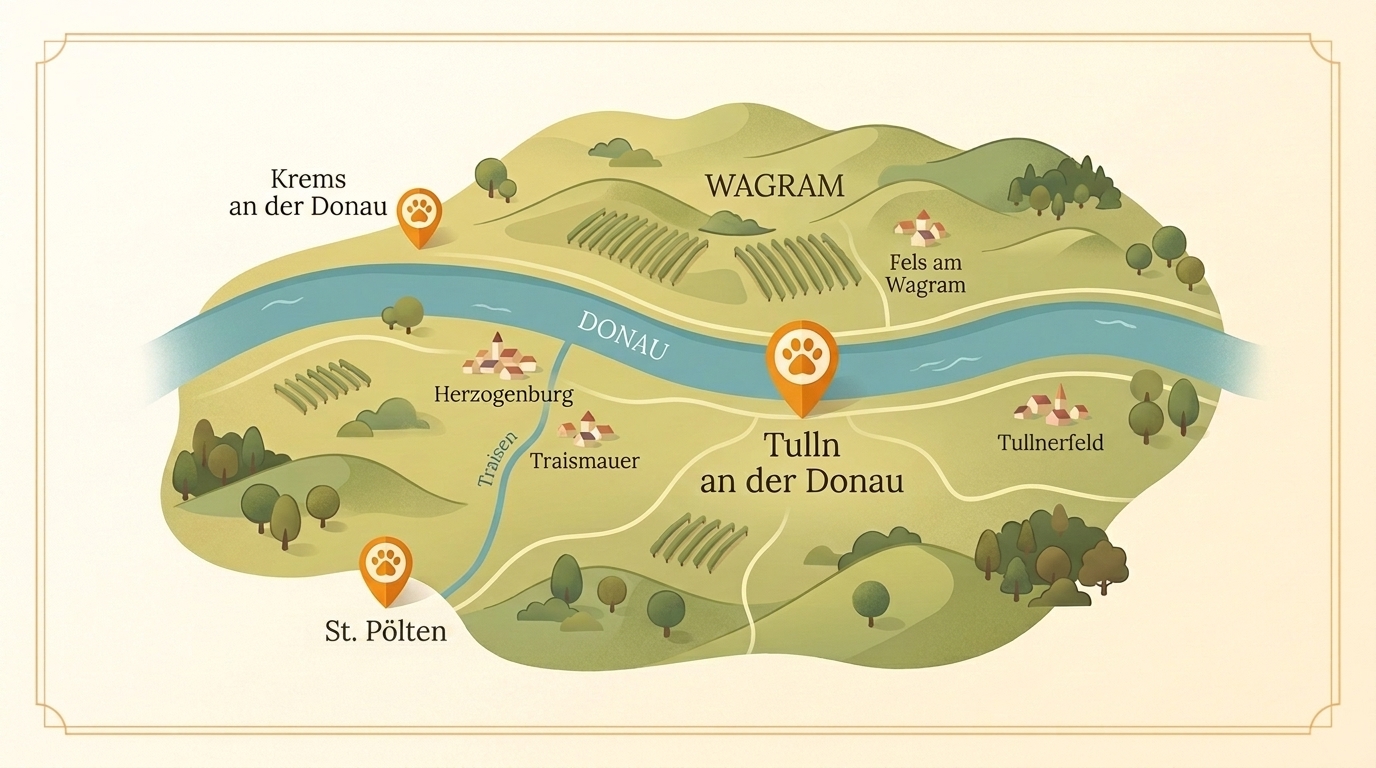 Karte: Einzugsgebiet der mobilen Hundeschule Willenskraft Donauregion – Tulln, St. Pölten, Krems und der Wagram in Niederösterreich