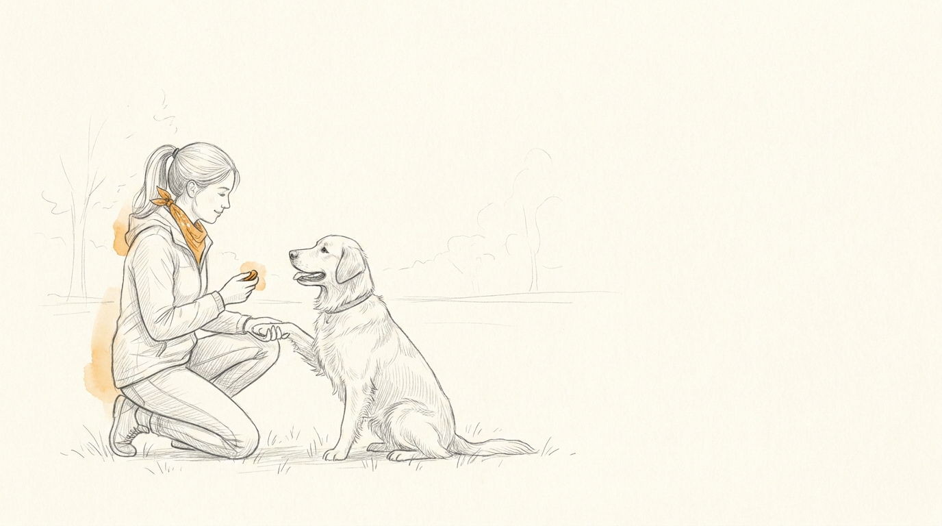 Hundetrainer-Ausbildung Willenskraft Akademie – Trainerin übt mit einem Hund, Bleistift-Illustration