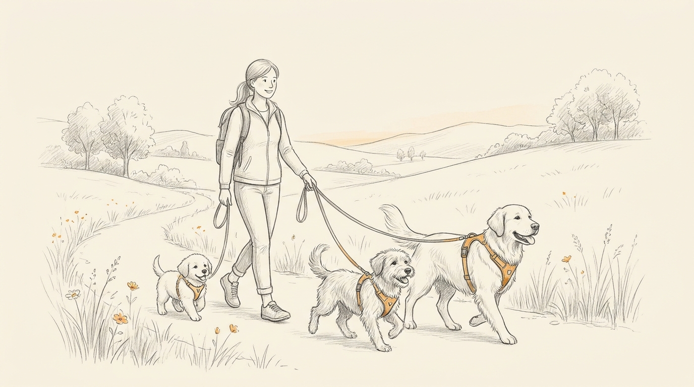 Willenskraft Hundetrainerin geht mit einem Welpen und zwei erwachsenen Hunden an lockerer Leine im Y-Geschirr spazieren – Training vom Welpen bis zum erwachsenen Hund