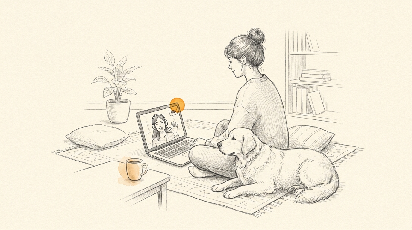 Online-Hundeschule Willenskraft – Frau trainiert ihren Hund zuhause im Live-Video-Call mit einer Trainerin