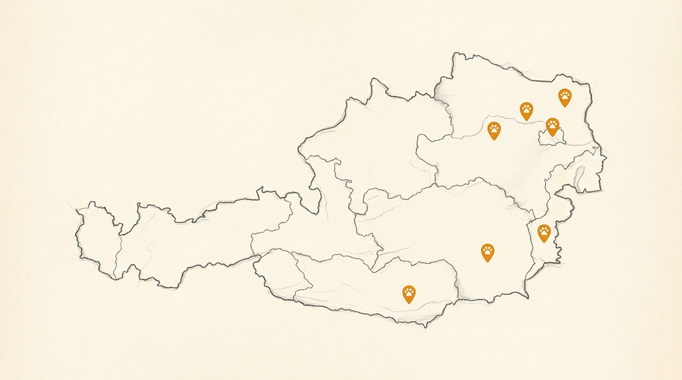 Karte der Willenskraft Hundeschulen in Österreich – Steiermark, Kärnten, Burgenland, Wien, Niederösterreich & Tulln