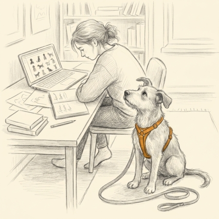 Online-Ausbildung zur Hundetrainerin: Teilnehmerin lernt am Laptop, Hund mit Y-Geschirr daneben (Bleistift-Illustration)
