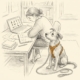 Online-Ausbildung zur Hundetrainerin: Teilnehmerin lernt am Laptop, Hund mit Y-Geschirr daneben (Bleistift-Illustration)