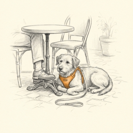 Alltagstraining online: entspannter Hund liegt im Cafe unter dem Tisch - Bleistift-Illustration