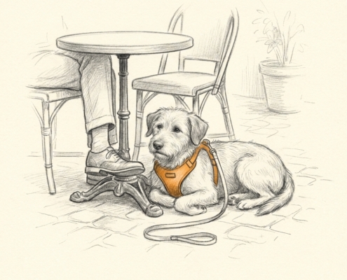 Alltagstraining online: entspannter Hund liegt im Café unter dem Tisch – Bleistift-Illustration