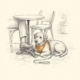 Alltagstraining online: entspannter Hund liegt im Cafe unter dem Tisch - Bleistift-Illustration
