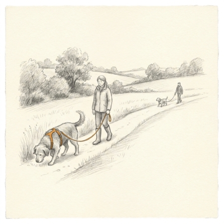Begegnungstraining online: zwei Mensch-Hund-Teams mit Abstand, Hund im Y-Geschirr - Bleistift-Illustration