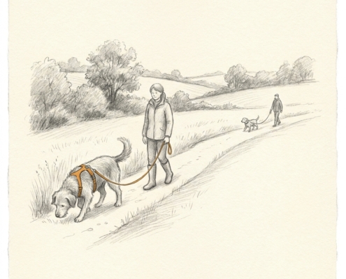 Begegnungstraining online: zwei Mensch-Hund-Teams mit Abstand, Hund im Y-Geschirr &ndash; Bleistift-Illustration