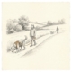 Begegnungstraining online: zwei Mensch-Hund-Teams mit Abstand, Hund im Y-Geschirr - Bleistift-Illustration