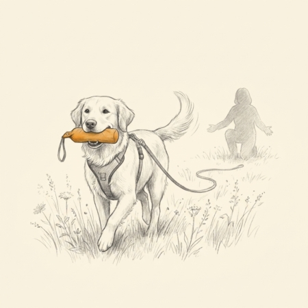 Dummytraining online: Hund apportiert Dummy im Y-Geschirr - Bleistift-Illustration