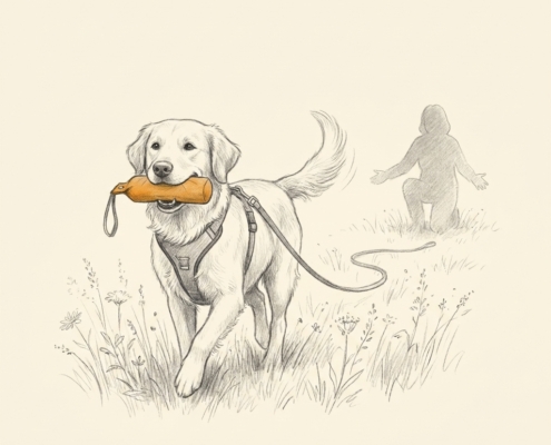 Dummytraining online: Hund apportiert Dummy im Y-Geschirr &ndash; Bleistift-Illustration