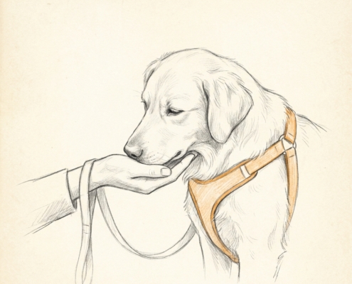 Medical Training online: Hund legt Kinn in die Hand (Chin Rest) &ndash; Bleistift-Illustration