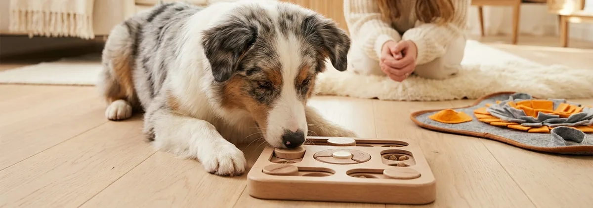 Junghund löst konzentriert ein Intelligenzspielzeug aus Holz, sein Mensch schaut ruhig zu