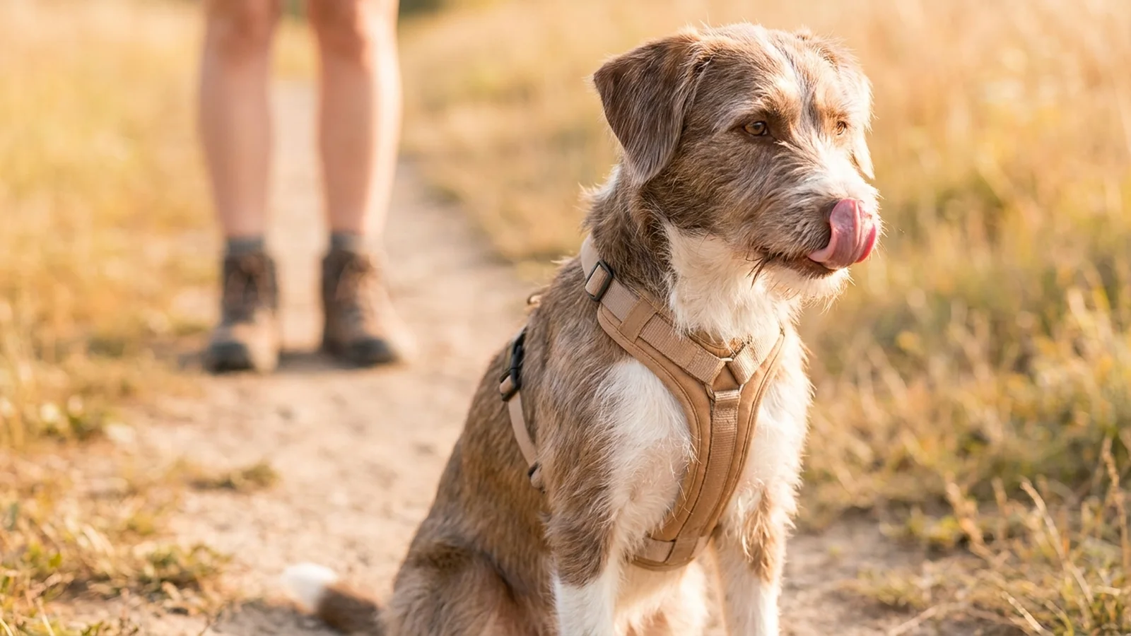 Hund auf einer Wiese zeigt Beschwichtigungssignale: Kopf leicht abgewandt, Zunge an der Nase, Ohren entspannt