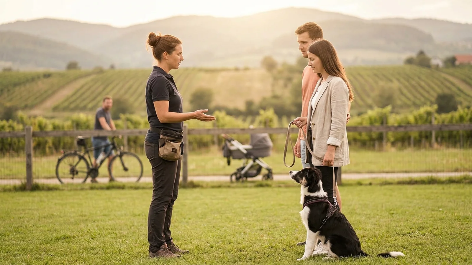 Praxiseinheit zum Sachkundenachweis im Freien: Trainerin erklärt einem Paar mit Hund im Brustgeschirr am Hundeplatz, im Hintergrund Fahrrad und Kinderwagen