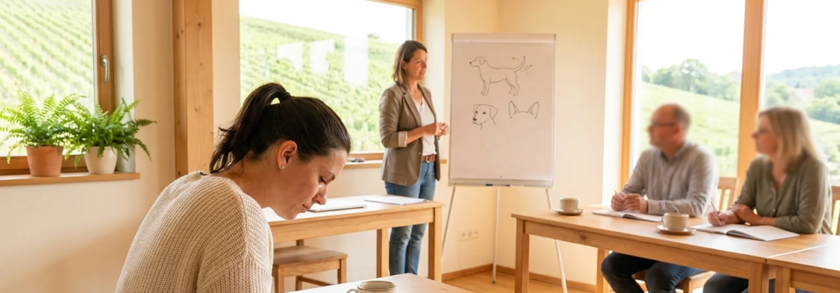 Teilnehmerin eines Sachkundekurses macht sich im hellen Seminarraum Notizen, die Trainerin erklärt am Flipchart die Körpersprache des Hundes