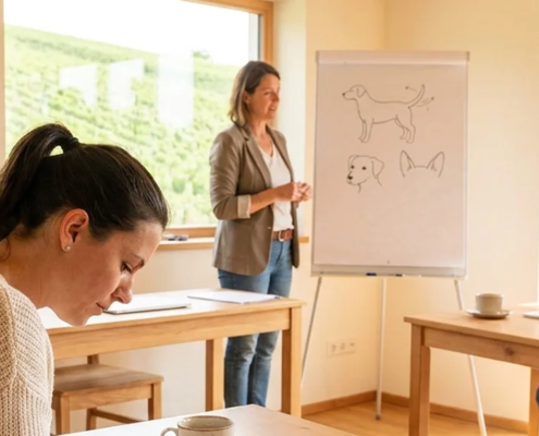 Teilnehmerin eines Sachkundekurses macht sich im hellen Seminarraum Notizen, die Trainerin erklärt am Flipchart die Körpersprache des Hundes